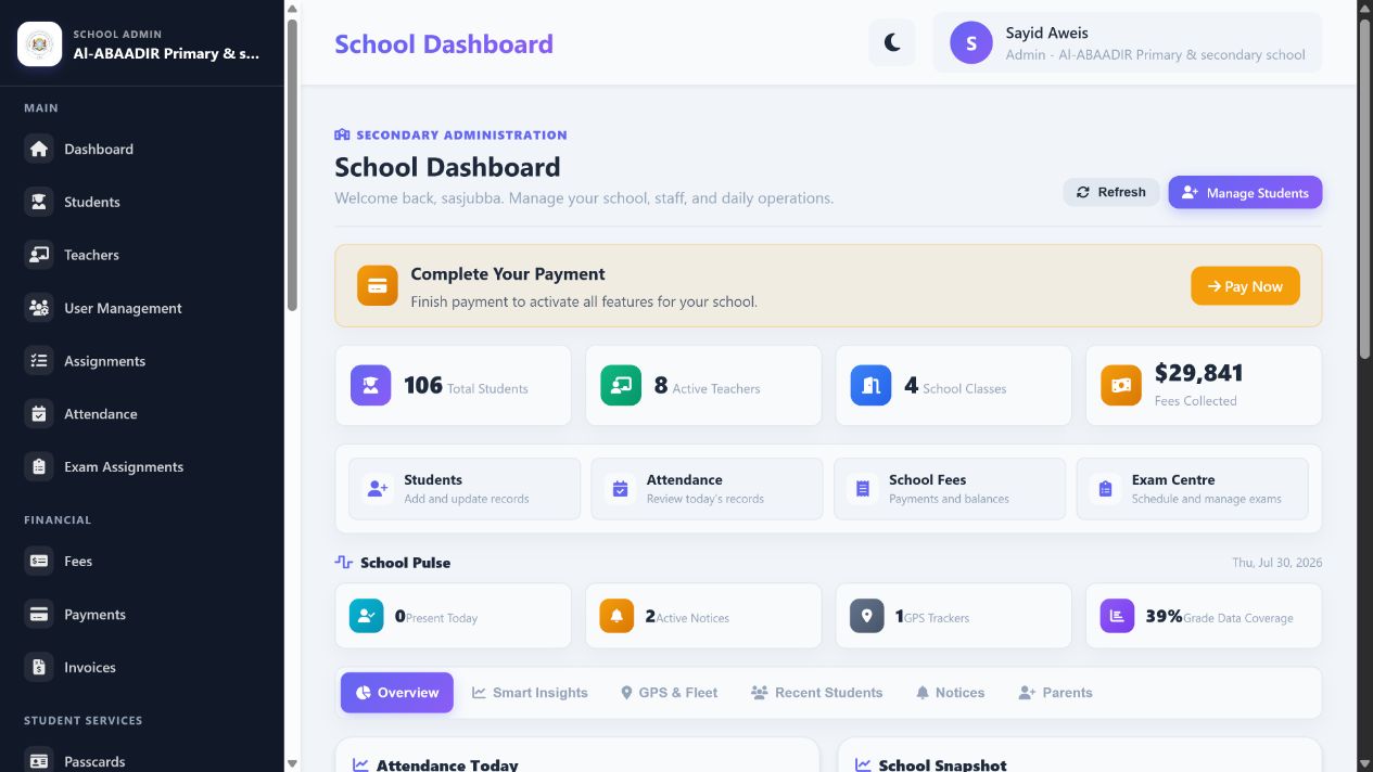 Real admin dashboard screenshot showing school metrics, fees, attendance and dashboard navigation